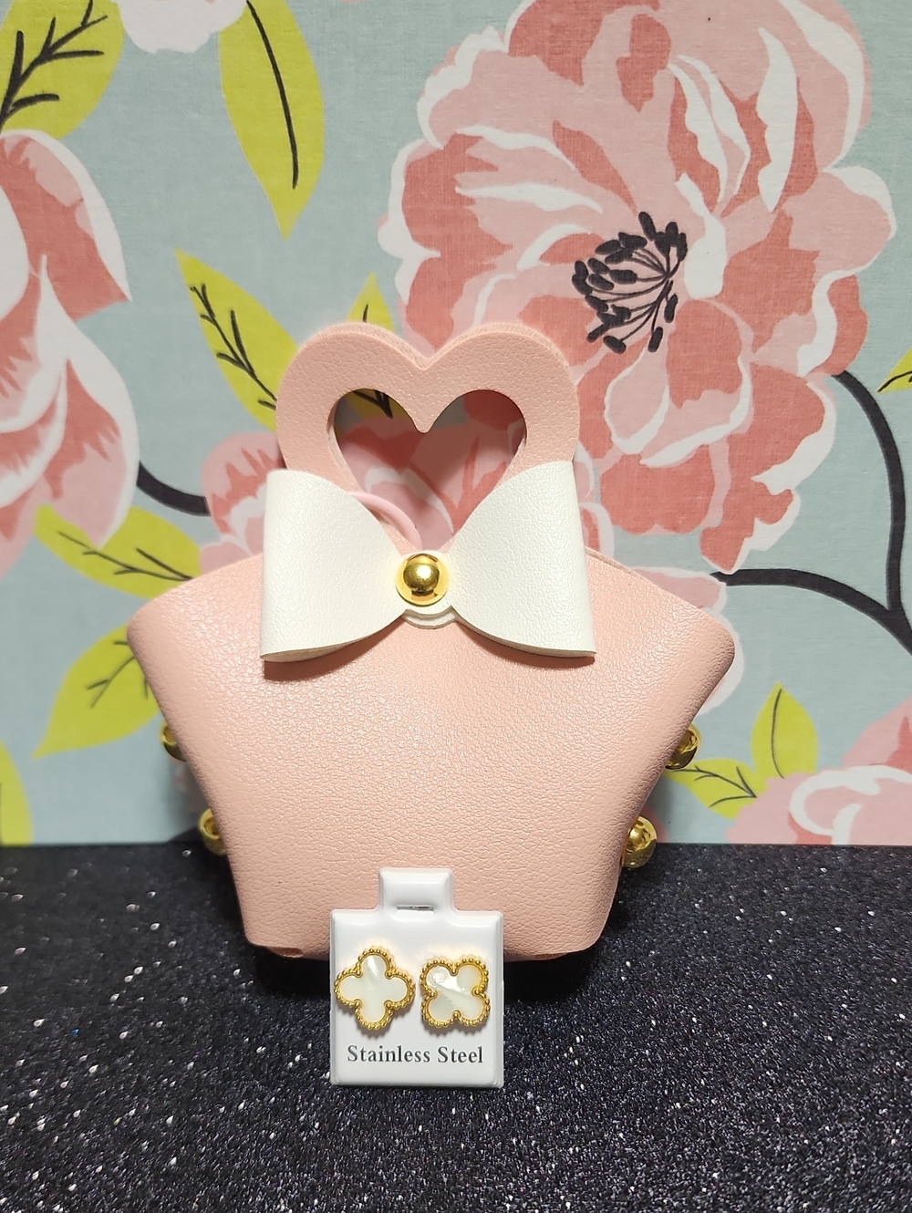 Gold-Tone Clover Outline Stainless Steel Stud Earrings - Pink Accent